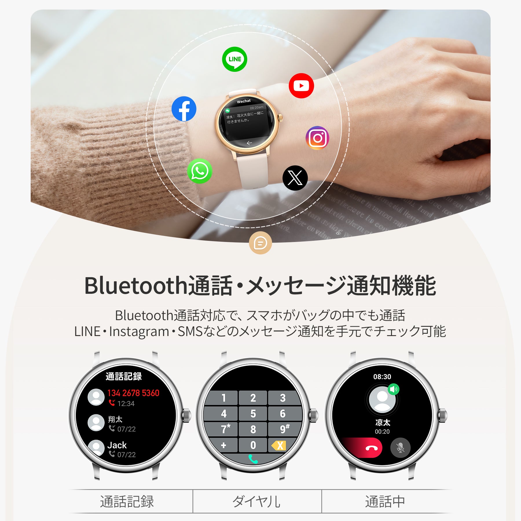 FOSMET GRACE G1| 女性向けゴールド丸型スマートウォッチ 2本ベルト